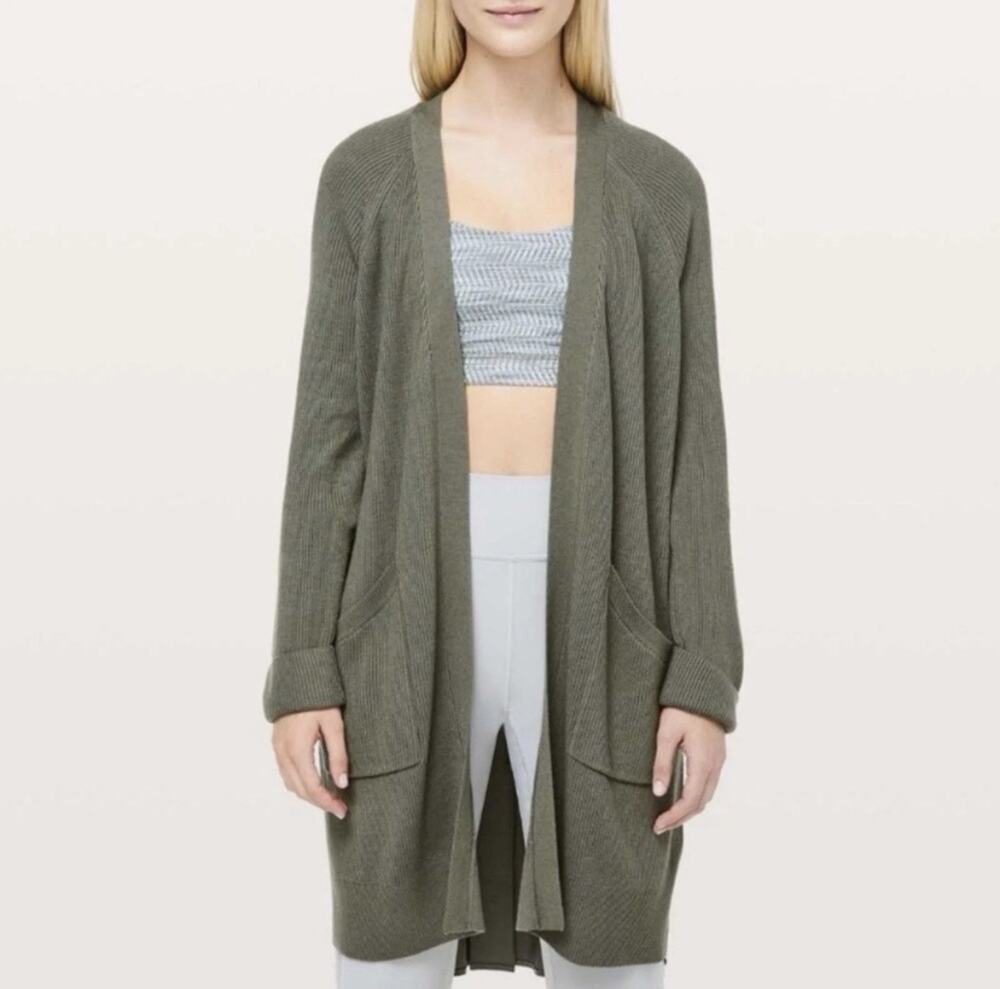 Lululemon Women Green Knitted Open Cardigan Sweater Pockets Cozy Duster Size 10